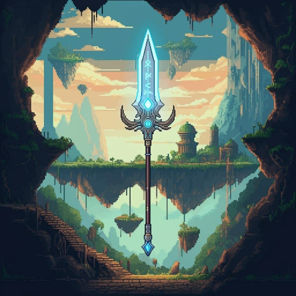 Mythical Spear Above Floating Land in 8-Bit Pixel Art
