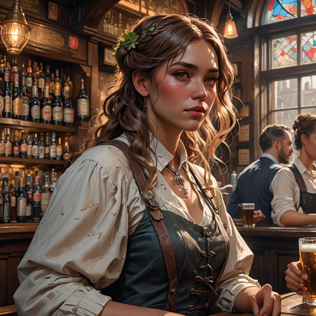 Young Girl at British Pub in Hyperdetailed Style