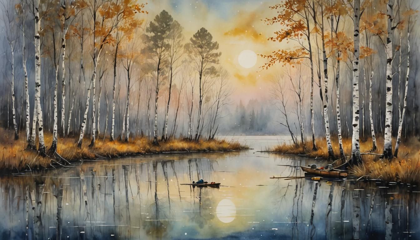 Golden Pond Watercolor Painting with Birch Trees