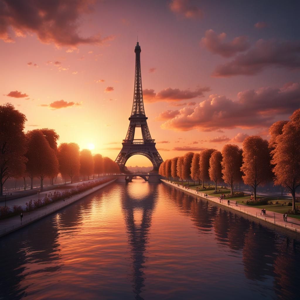 Eiffel Tower Sunset: Detailed Matte Painting