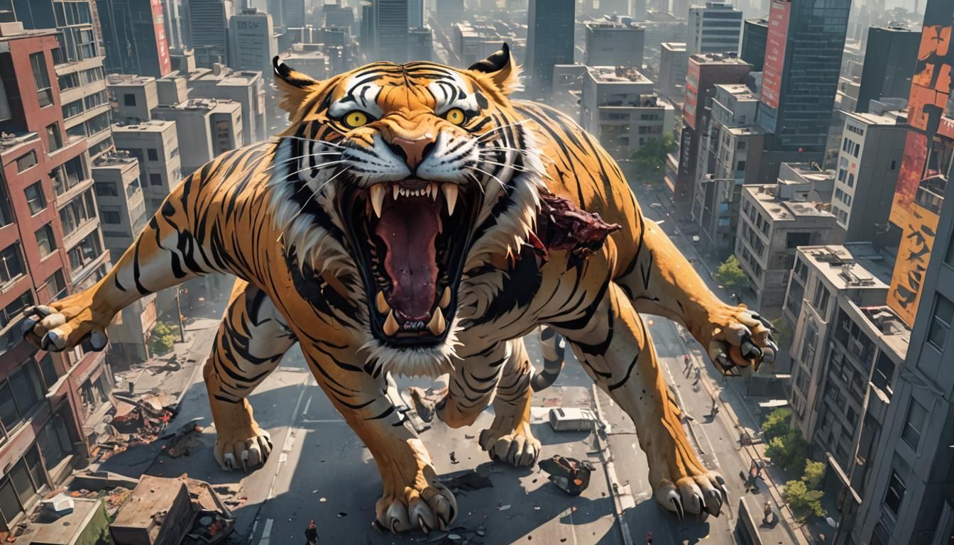 Zombie Tiger in Collapsing City, 3D Anime Art