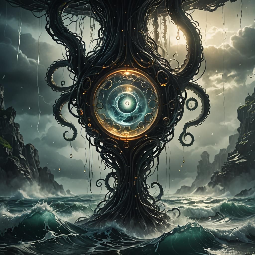 Eerie Fantasy Scene with Glass A and Tentacle