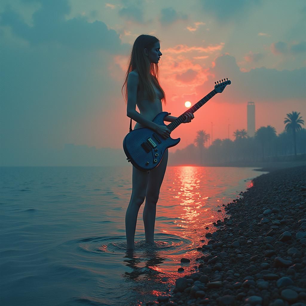 Surreal Woman with Guitar Legs at Dusk