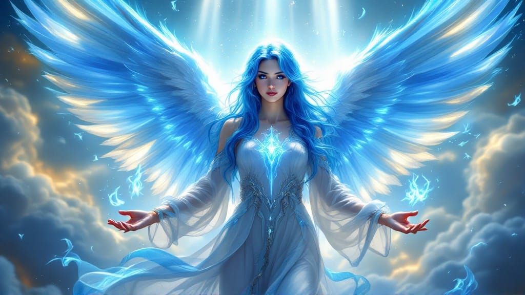 Majestic Guardian Angel with Azure Hair and Celestial Wings