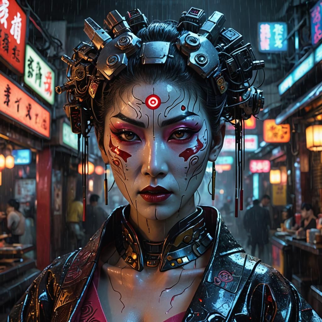 Cyborg Geisha Exposes Bio-Mechanical Form on Neon Street