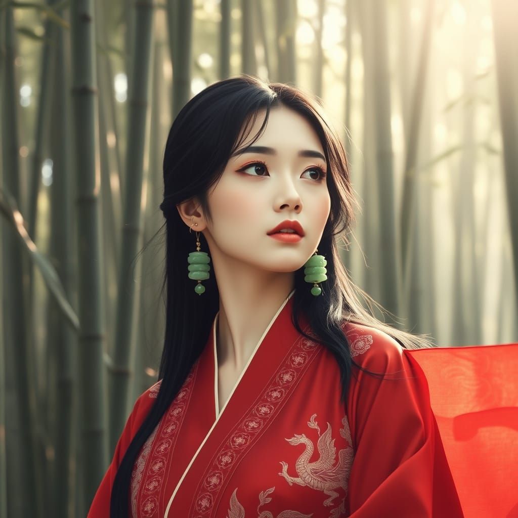 Korean Woman in Bamboo Forest as Ink Wash Painting