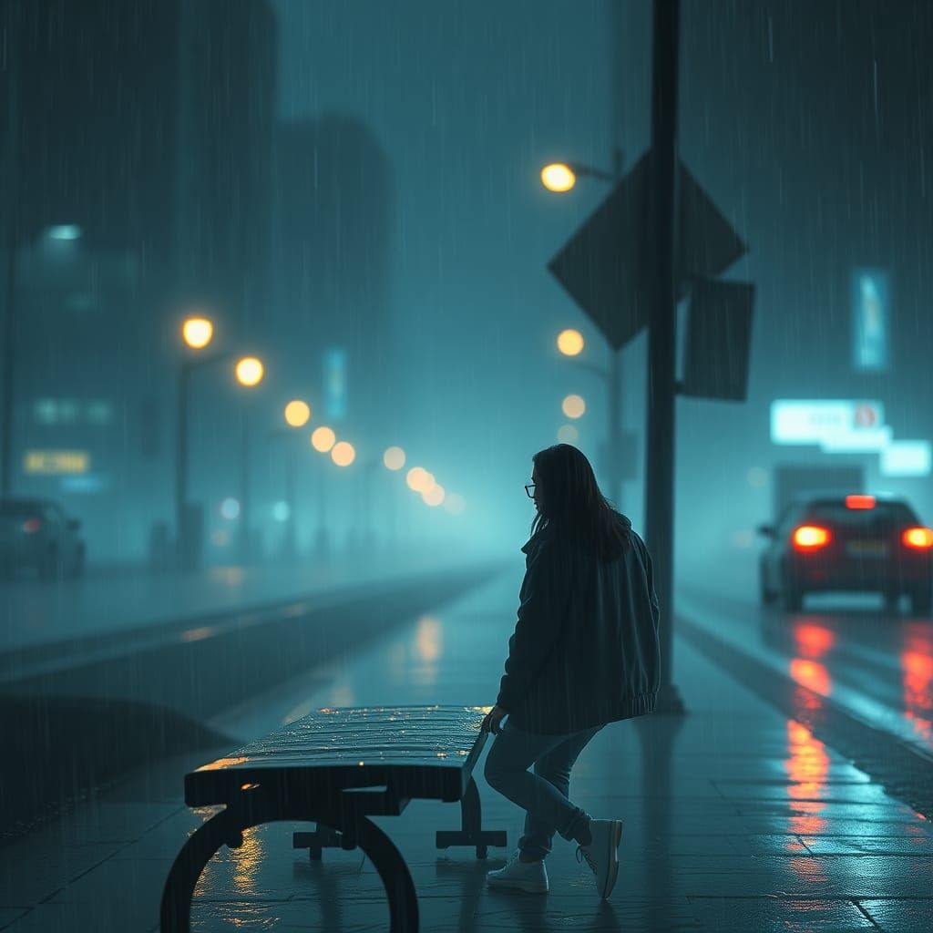 Contemplative Woman in Rainy Cityscape Digital Art