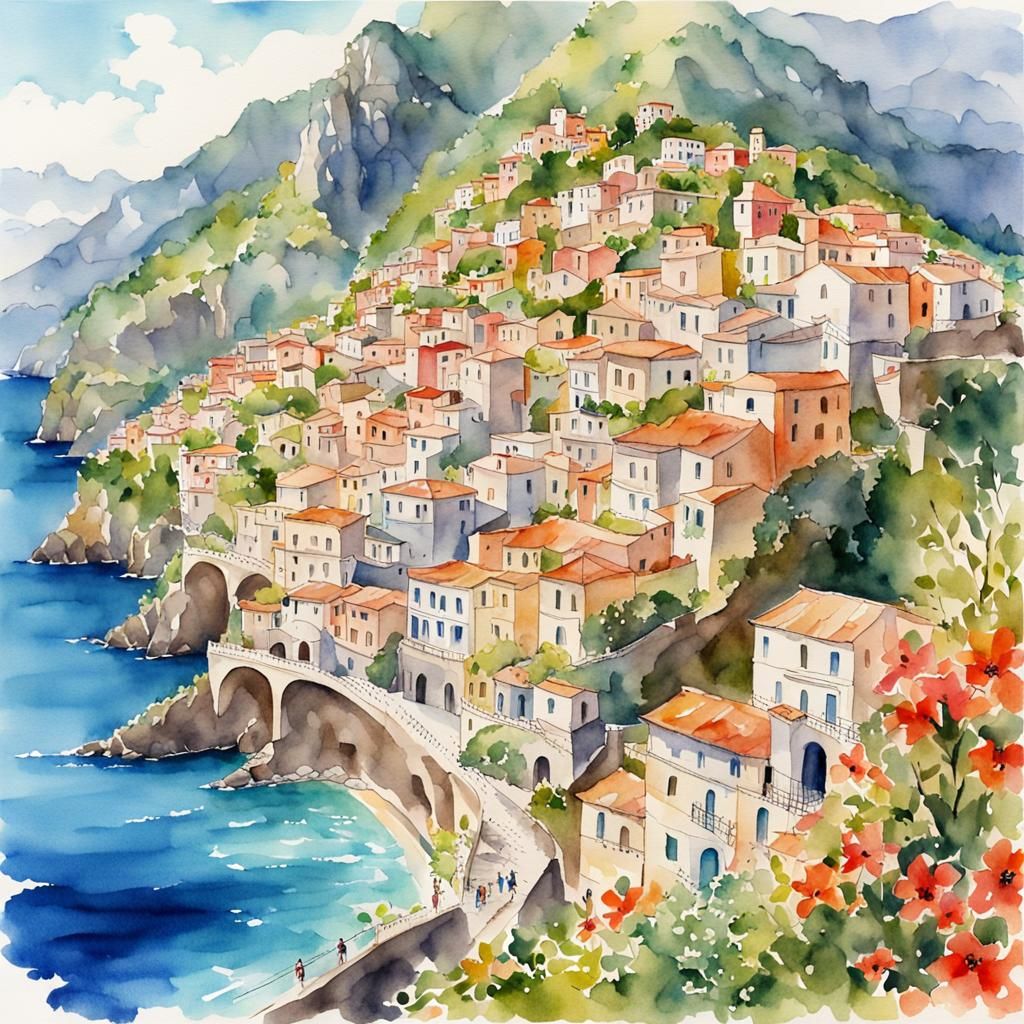 Amalfi Coast Village in Vibrant Anime Watercolor