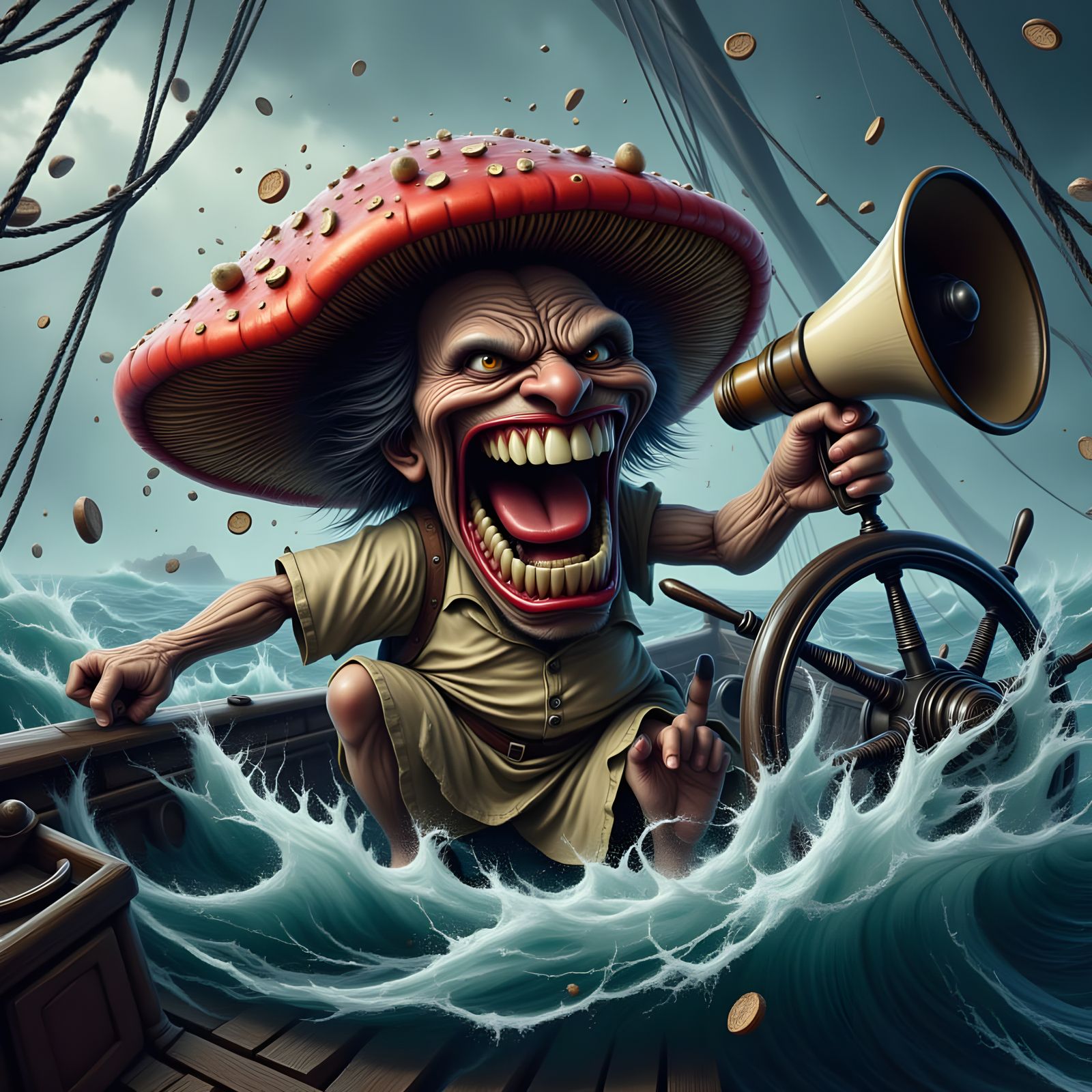 Angry Mushroom Captain Navigates Stormy Seas