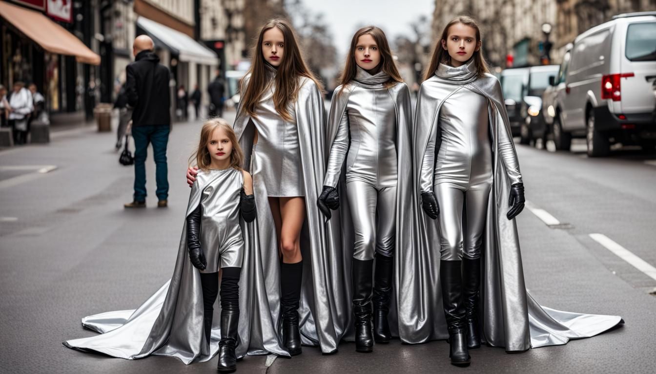 Women in Silver Leather with Caped Daughters