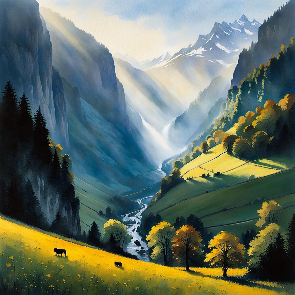 Ethereal Evening Light Descends Upon Bernese Oberland Gorge