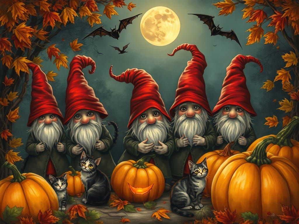 Gnomes, Cats, Bats and Pumpkins Under the Moon
