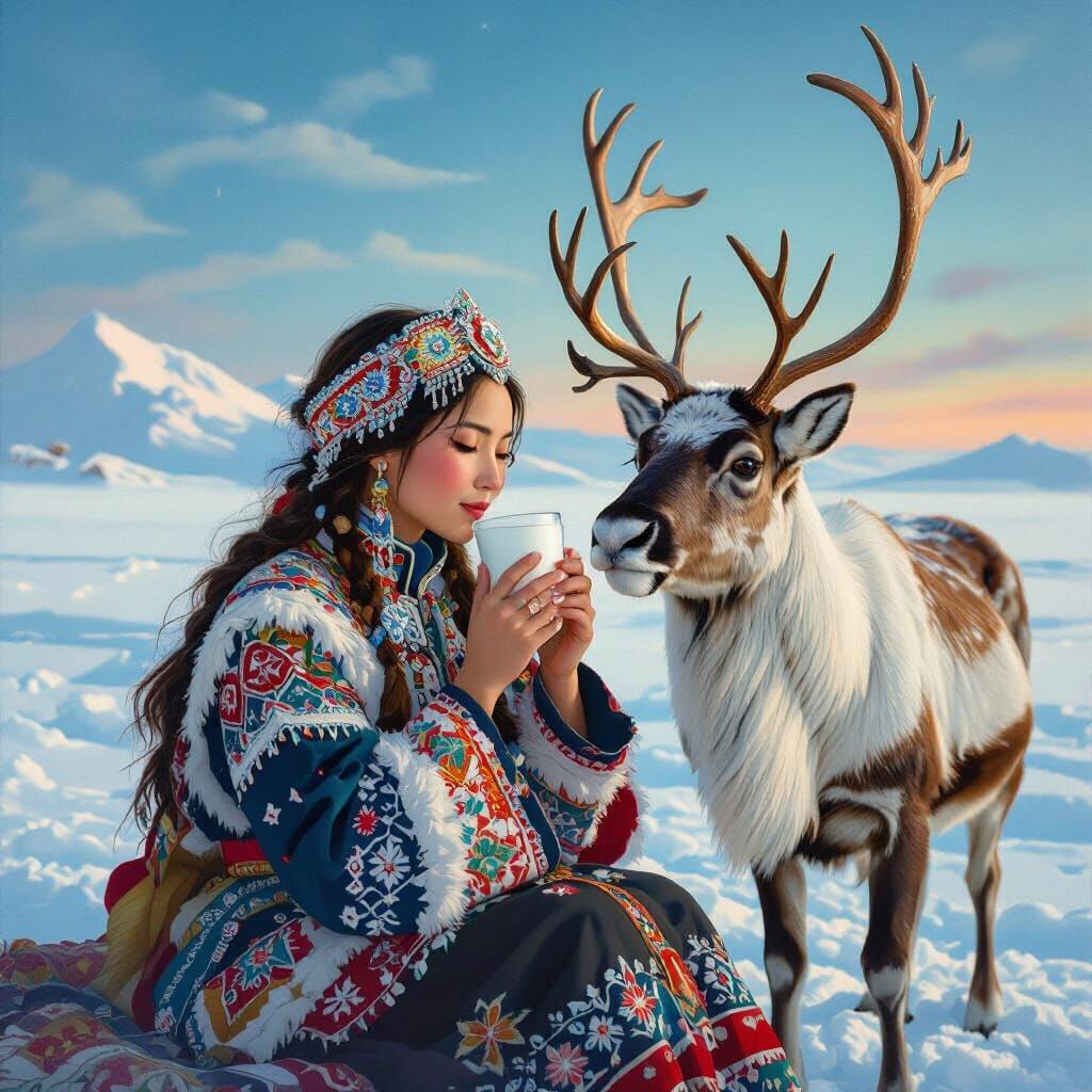 Chukchi Woman Drinks Reindeer Milk in Frozen Landscape