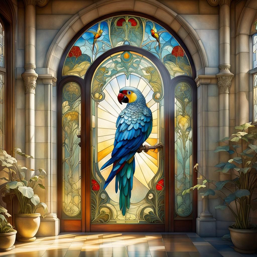 Art Nouveau Doorway with Parrot in Sunlight