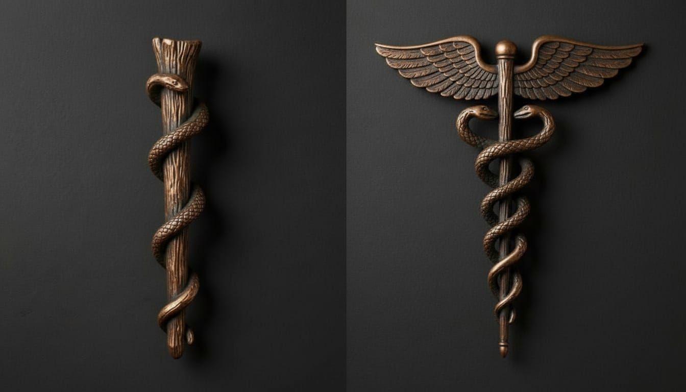 Side by side comparison of Moses Staff and the Medical Caduceus