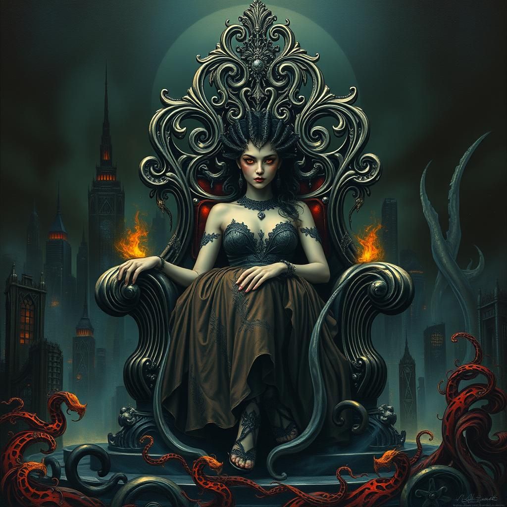 Dystopian Art Deco Woman on Throne