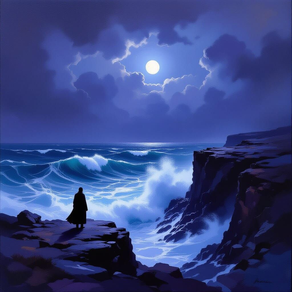 Solitary Figure on Rugged Cliff Overlooking Stormy Sea
