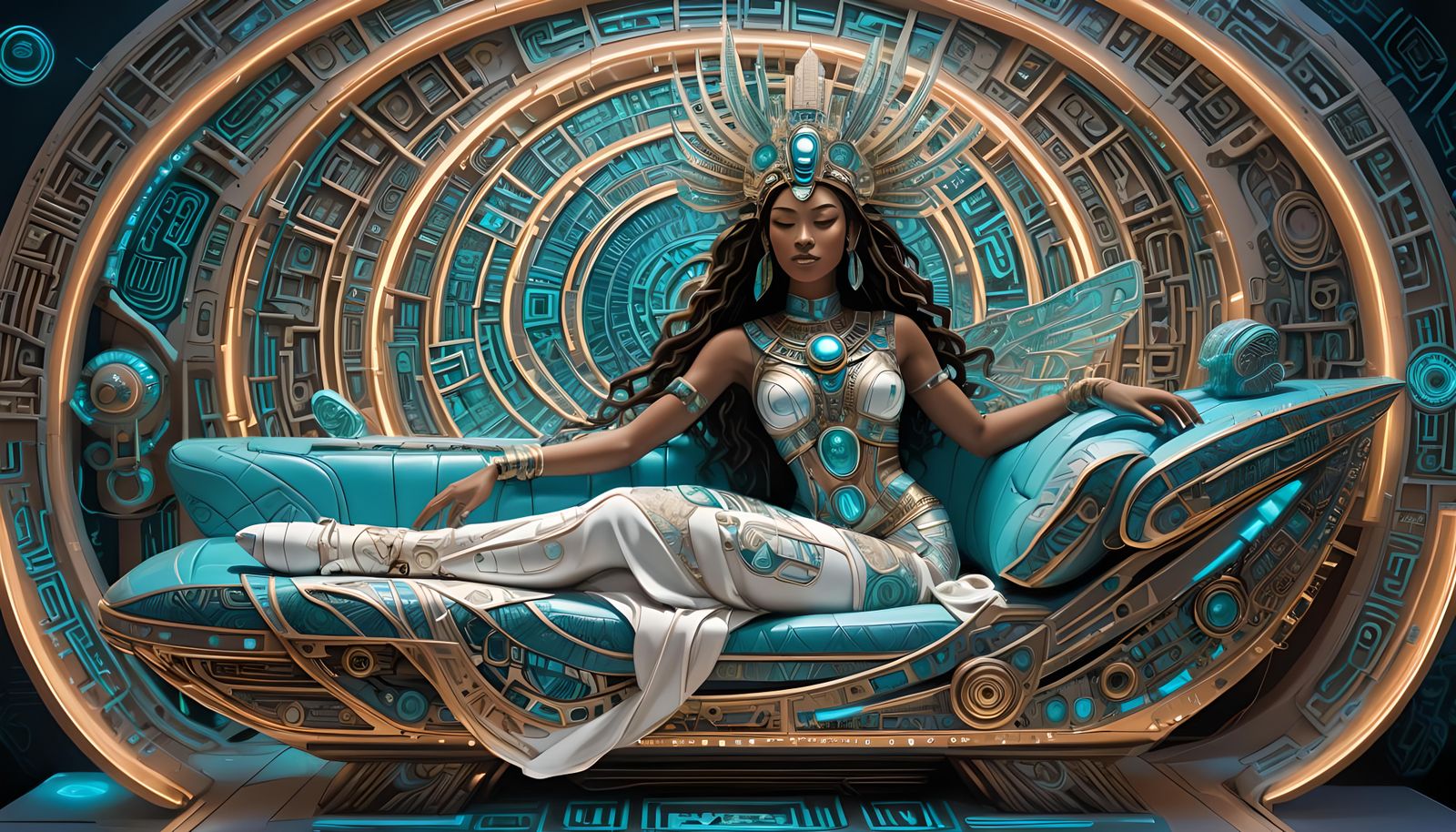 Goddess of Technology in Mayan Spacecraft, Digital Art
