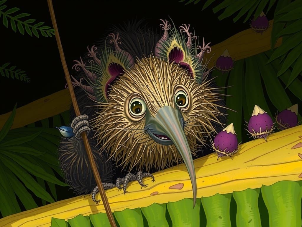 Aye-Aye Lemur in Fruit Tree with Bluejay