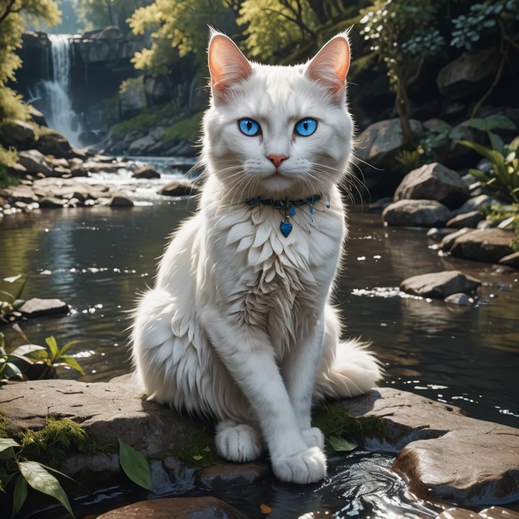 Blue-Eyed White Cat by a River, Detailed Digital Art
