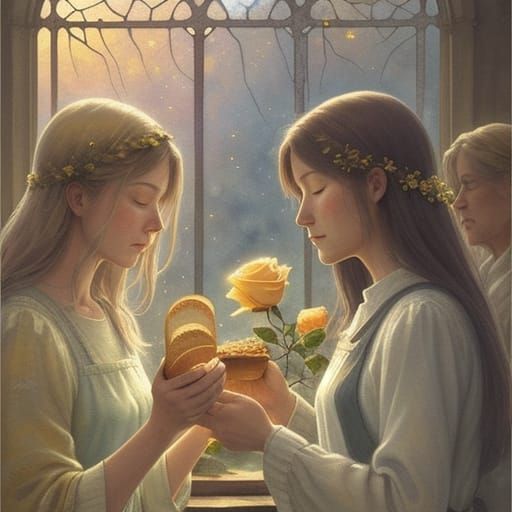 Watercolor Scene of Sharing Bread and Song