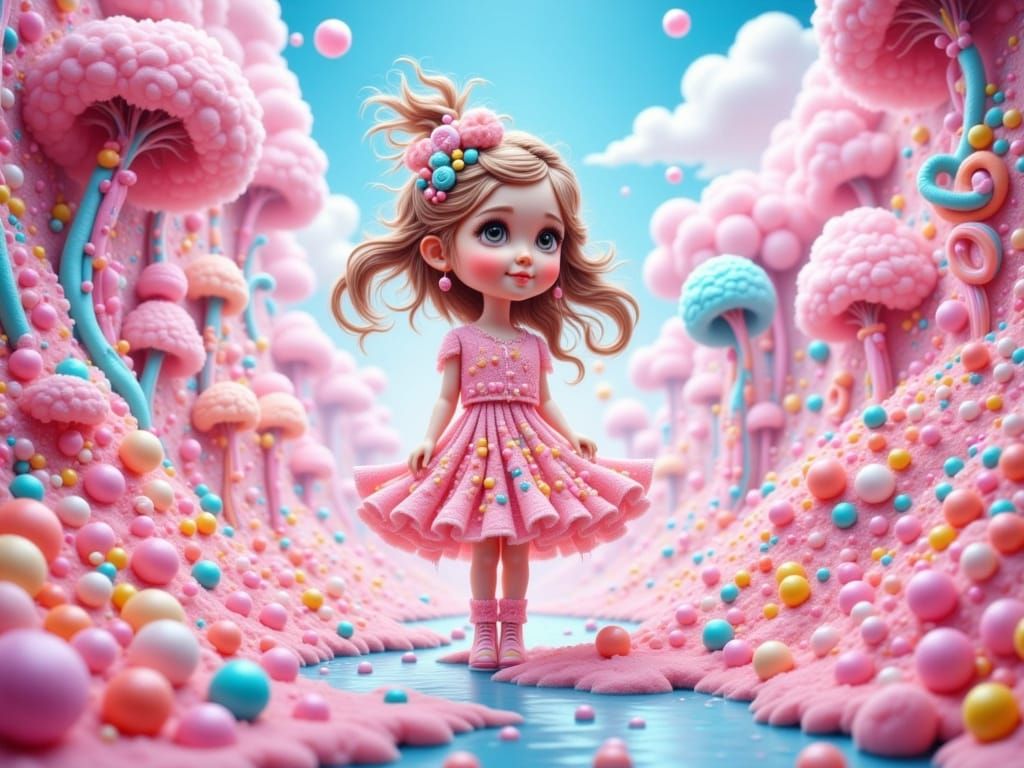 Chibi Woman in Candy Landscape, Surreal Whimsy Style