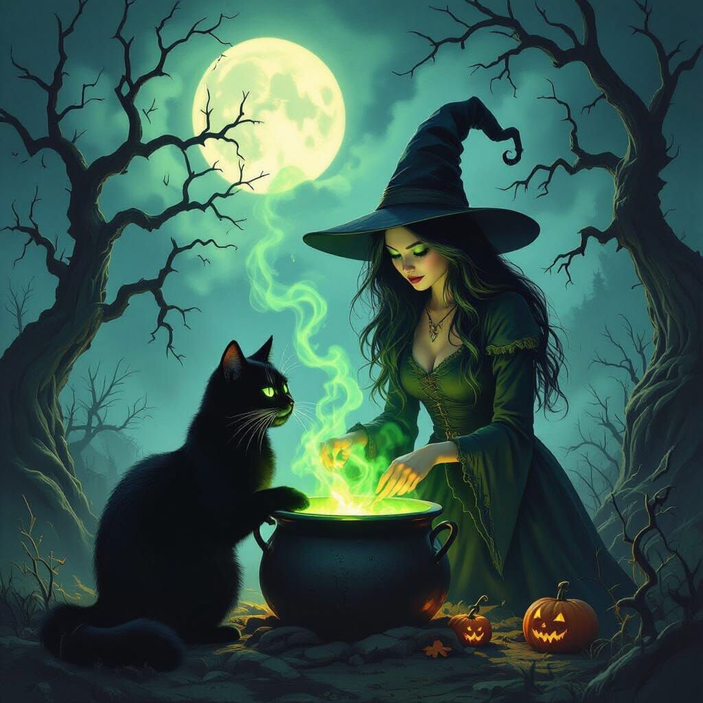 Black Cat and Witch Stirring Cauldron with Spooky Forest