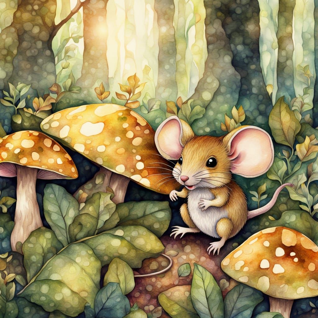 Patchwork Mouse Hiding in Forest: Watercolor Fantasy Art