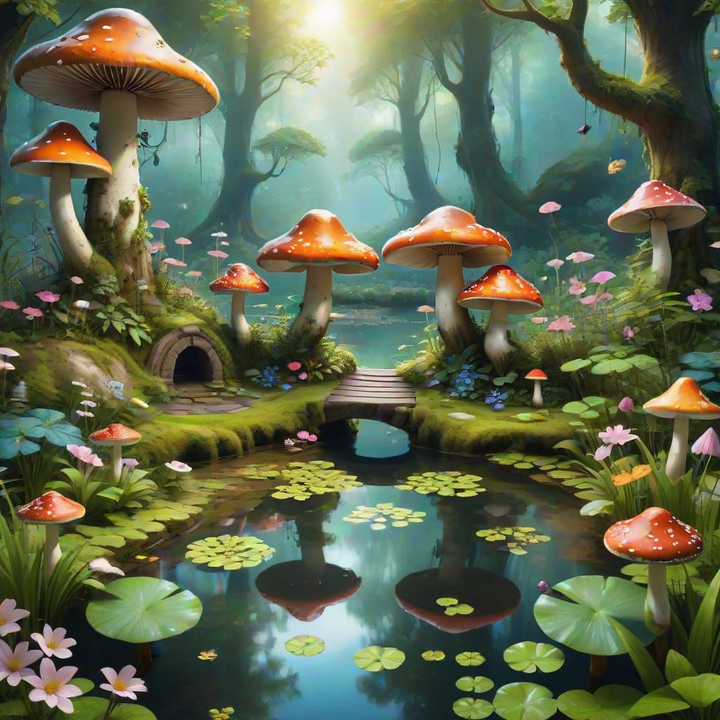 Enchanted Mushrooms in a Magical Forest Pond