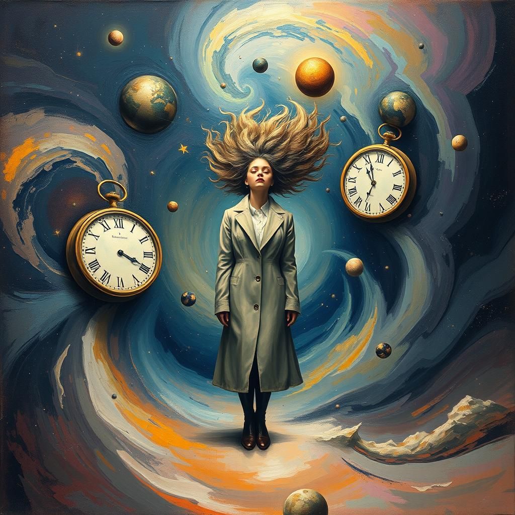 Woman Embracing Warped Reality in Dreamlike Art