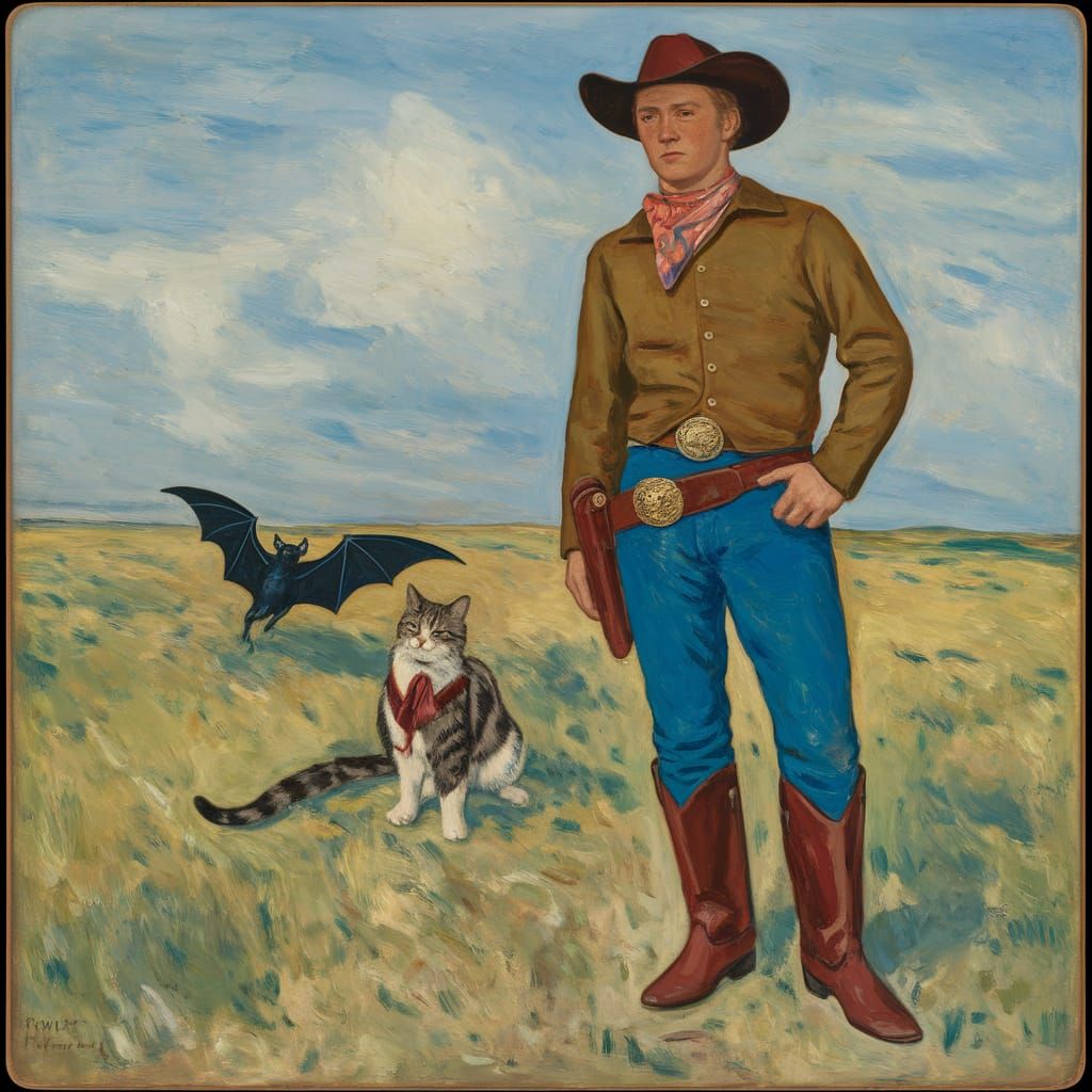 Cowboy and Cat with Bat in Cezanne Magritte Style