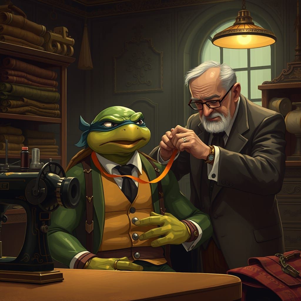 Disciplined Ninja Turtle in Elegant Tailor's Shop