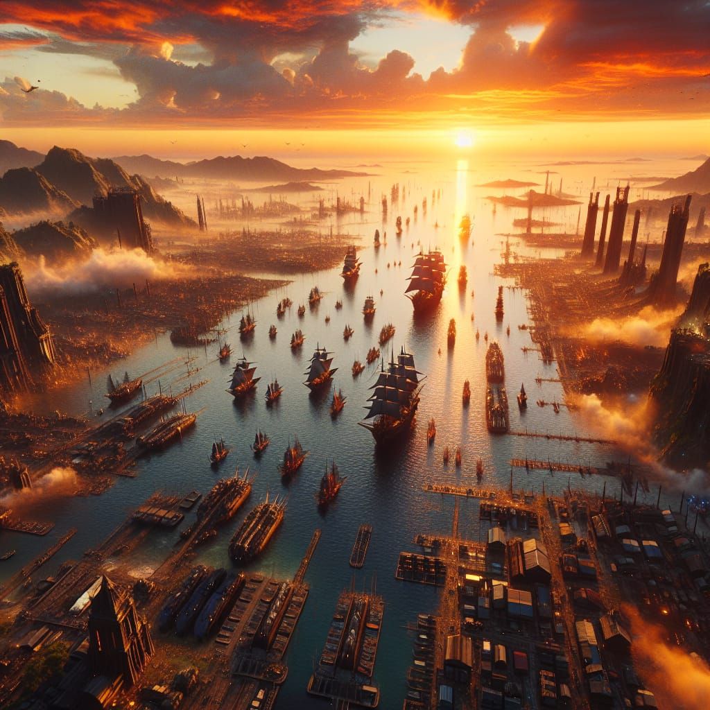 Fantasy Harbor at Sunset: Digital Matte Painting