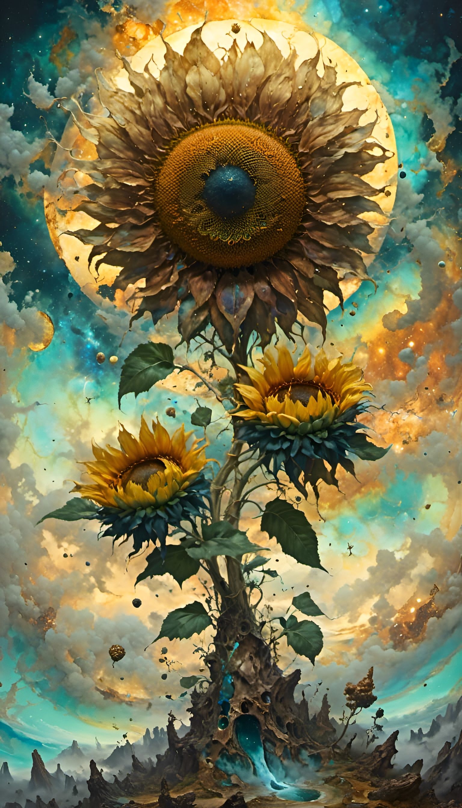 Astral Sunflower in Hyperkraximalism Style