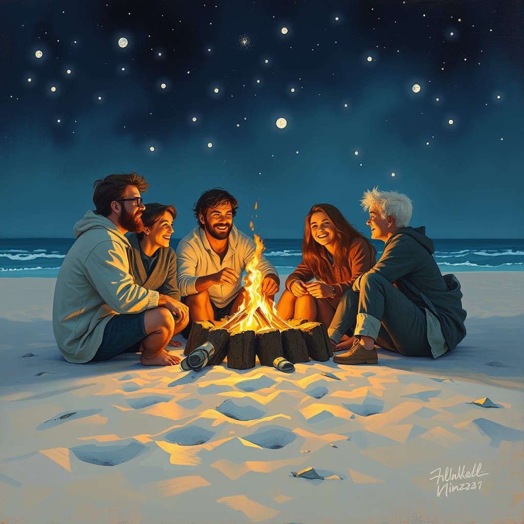Beach Bonfire Under Stars in Neo-Impressionist Style