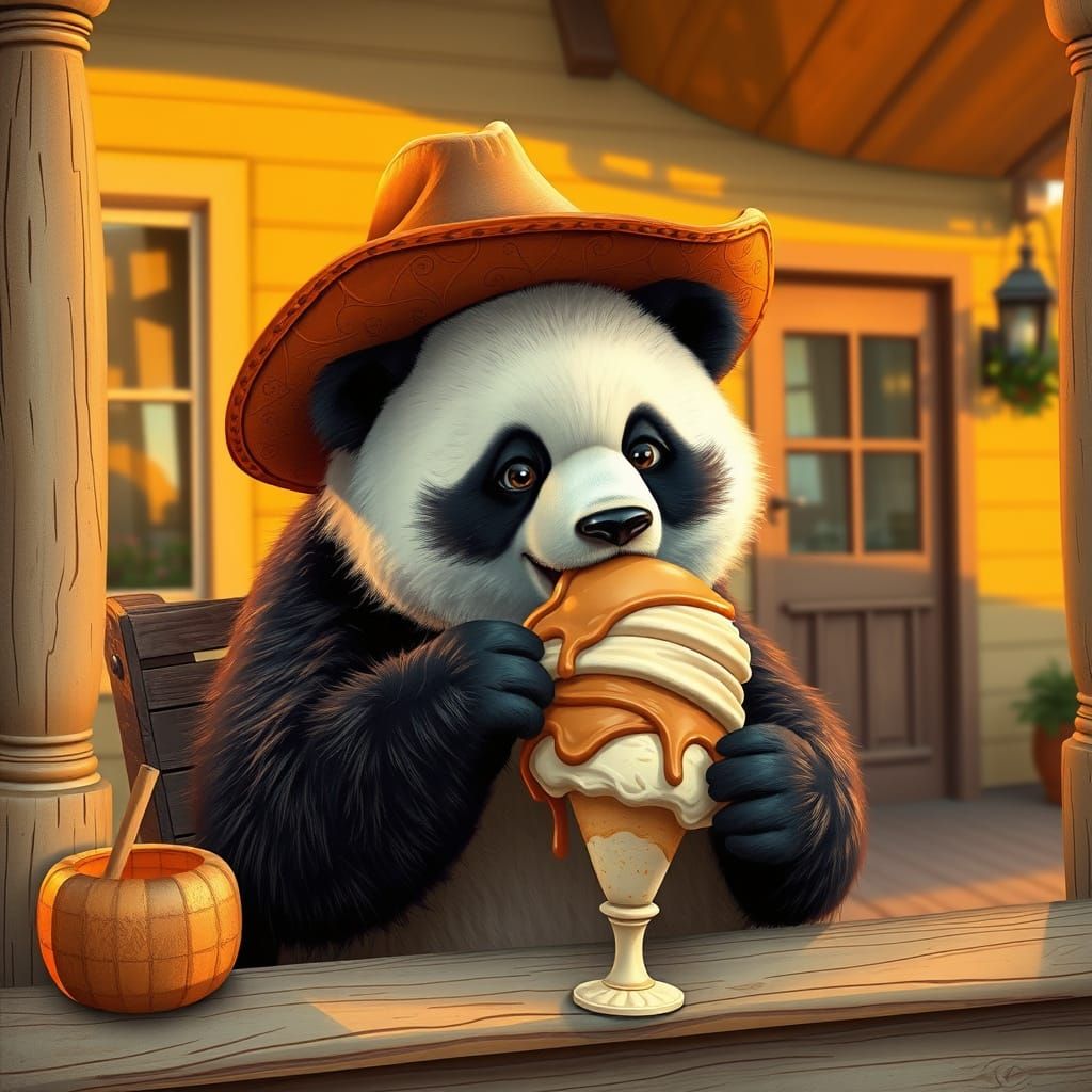 Panda in Cowboy Hat Enjoys Ice Cream