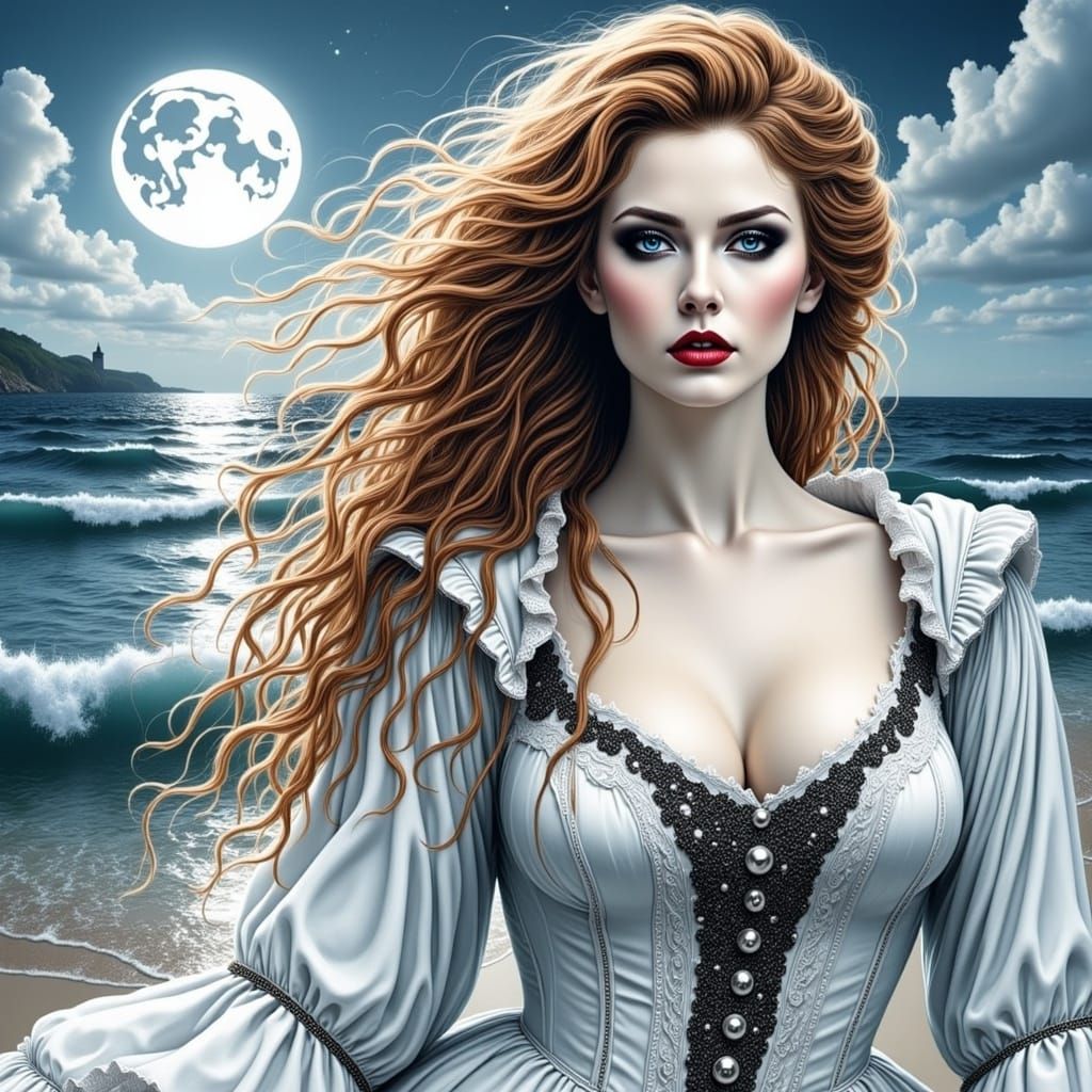 Gothic Redhead by the Ocean in Moonlight