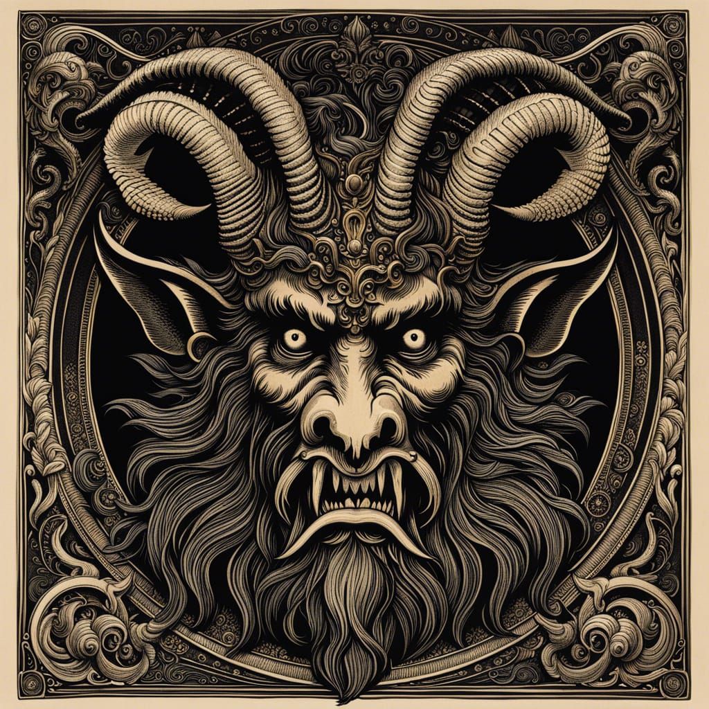 Krampus Portrait in Woodcut Style
