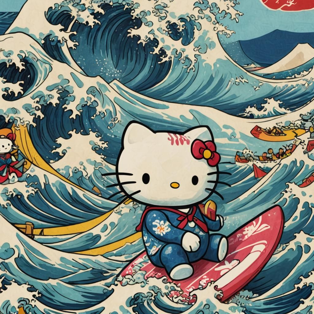 Hello Kitty Rides the Wave: Ukiyo-e Style