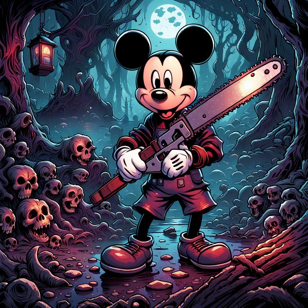 Horror Mickey Mouse with Chainsaw in Comic Art Style