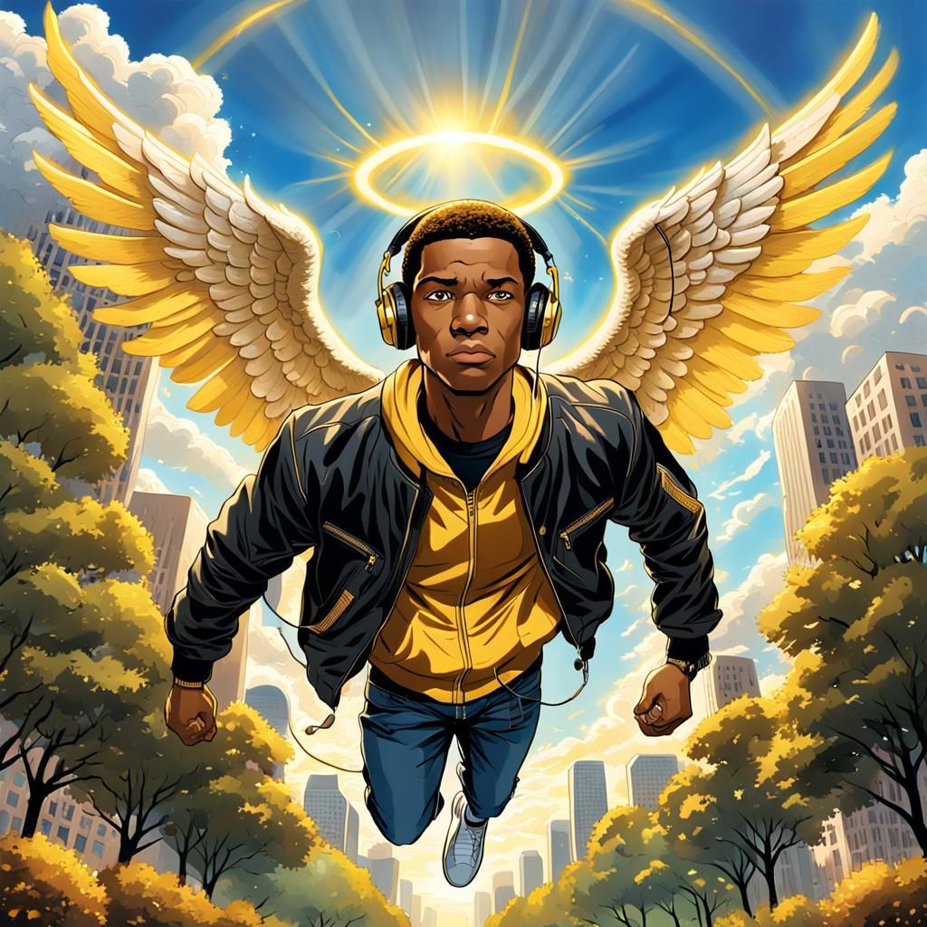 Joyful Black Angel Soaring in City Park, Comic Book Art