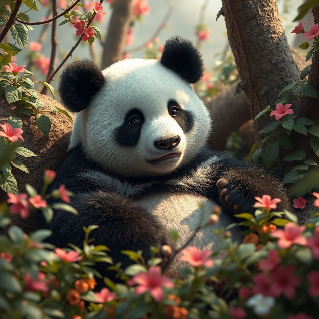 Adorable Hyperrealistic Giant Panda in Surreal Environment