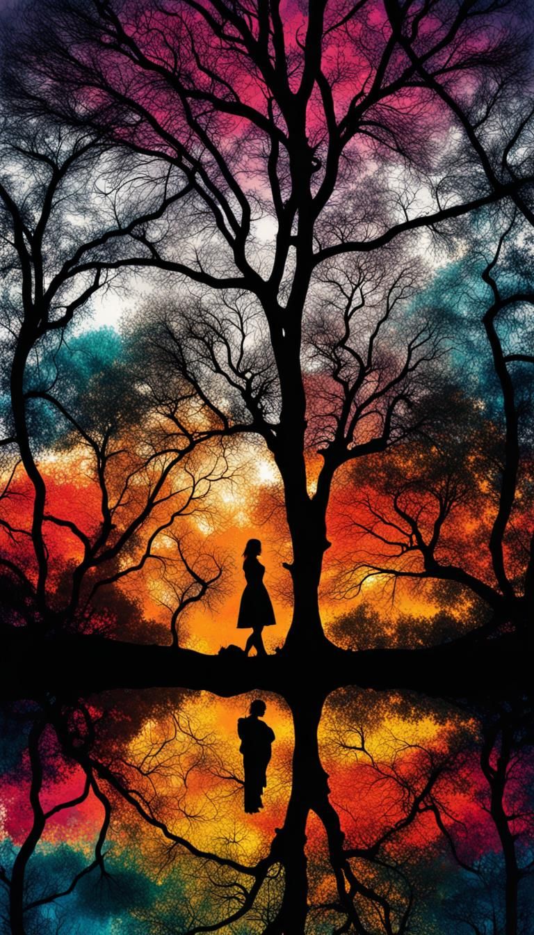 Colorful Double Exposure: Trees, Life, and Silhouette