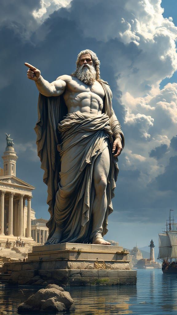 Colossal Greek God Statue Overlooking Harbor and Ship