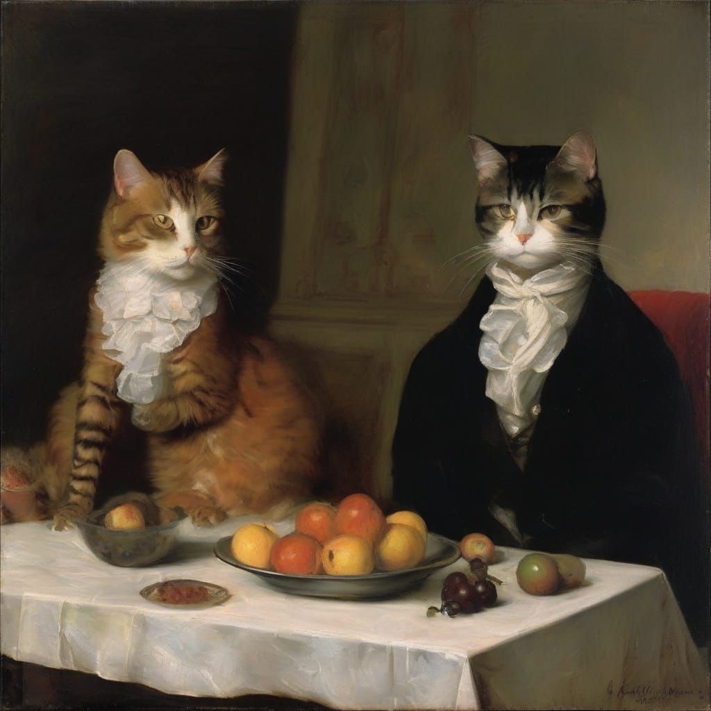 Cats' Autumn Date Night in Classic Painting Style