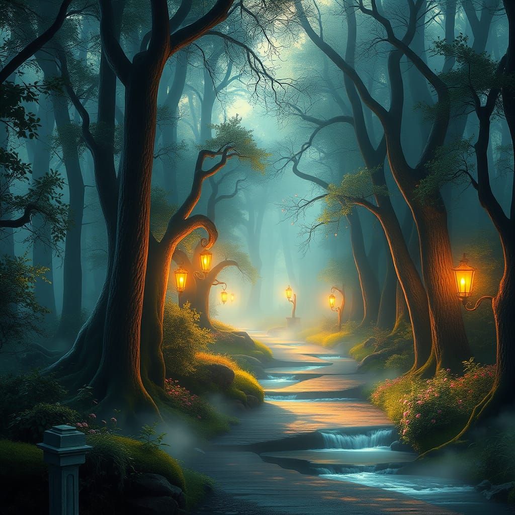 Mystical Forest Path in Ethereal Light