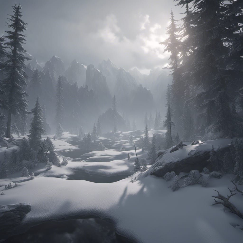 Mysterious Dark Wilderness in Snow and Fog