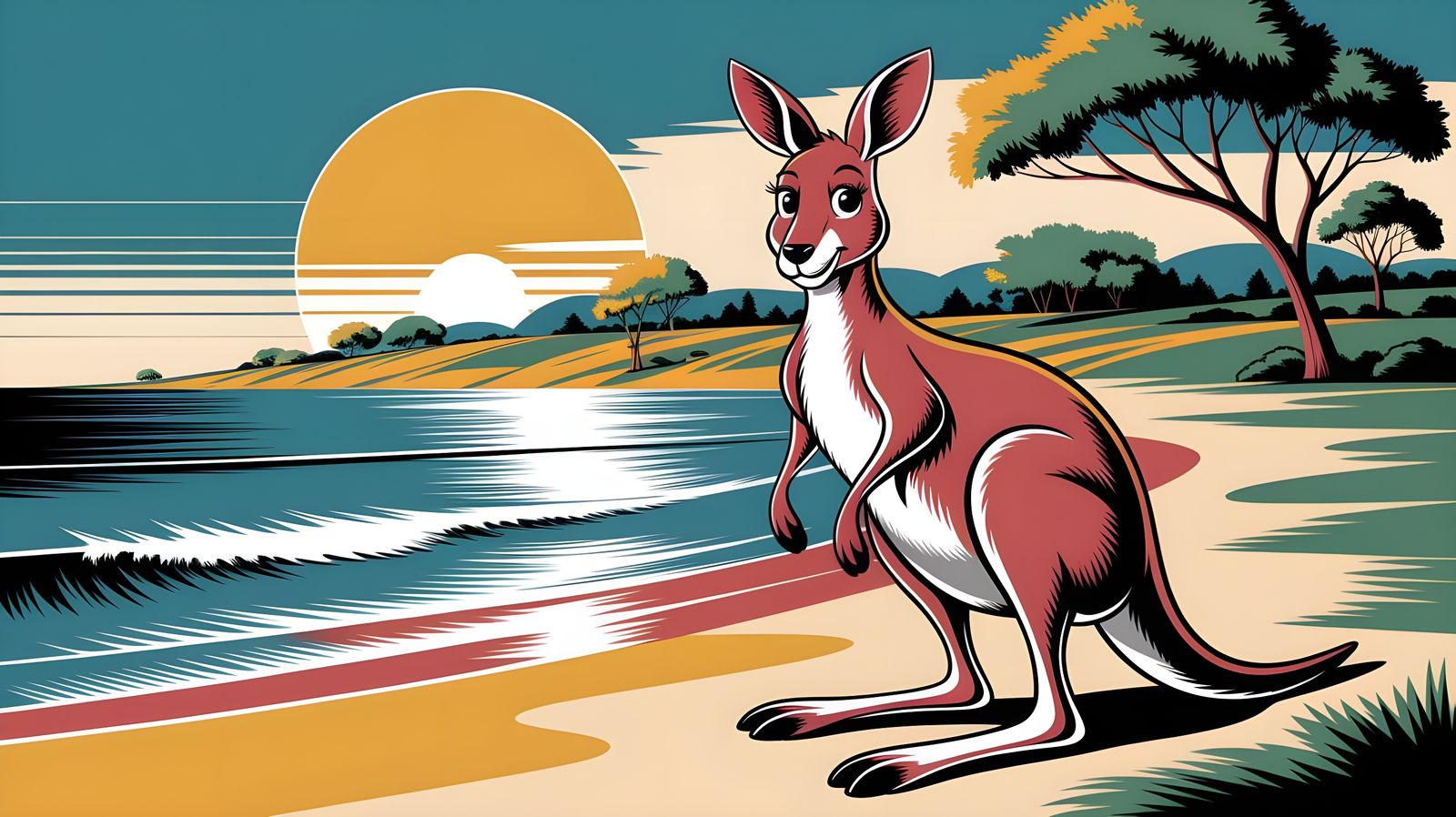 Vibrant 1940s-Style Cartoon of Australia's Sun-Kissed Coast