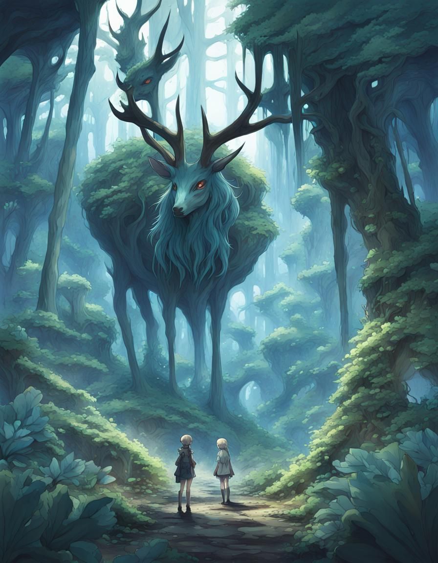 Surreal Underground Forest with Blue Elk Creatures