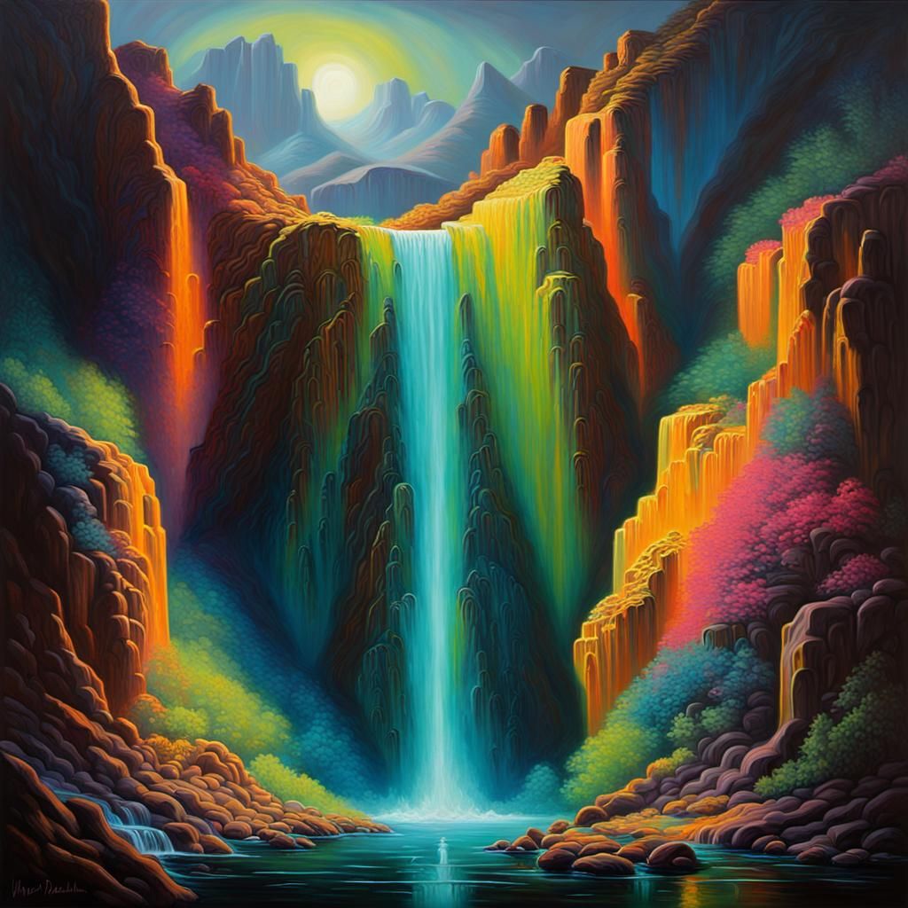Fluorescent Waterfall: Surreal Oil Painting